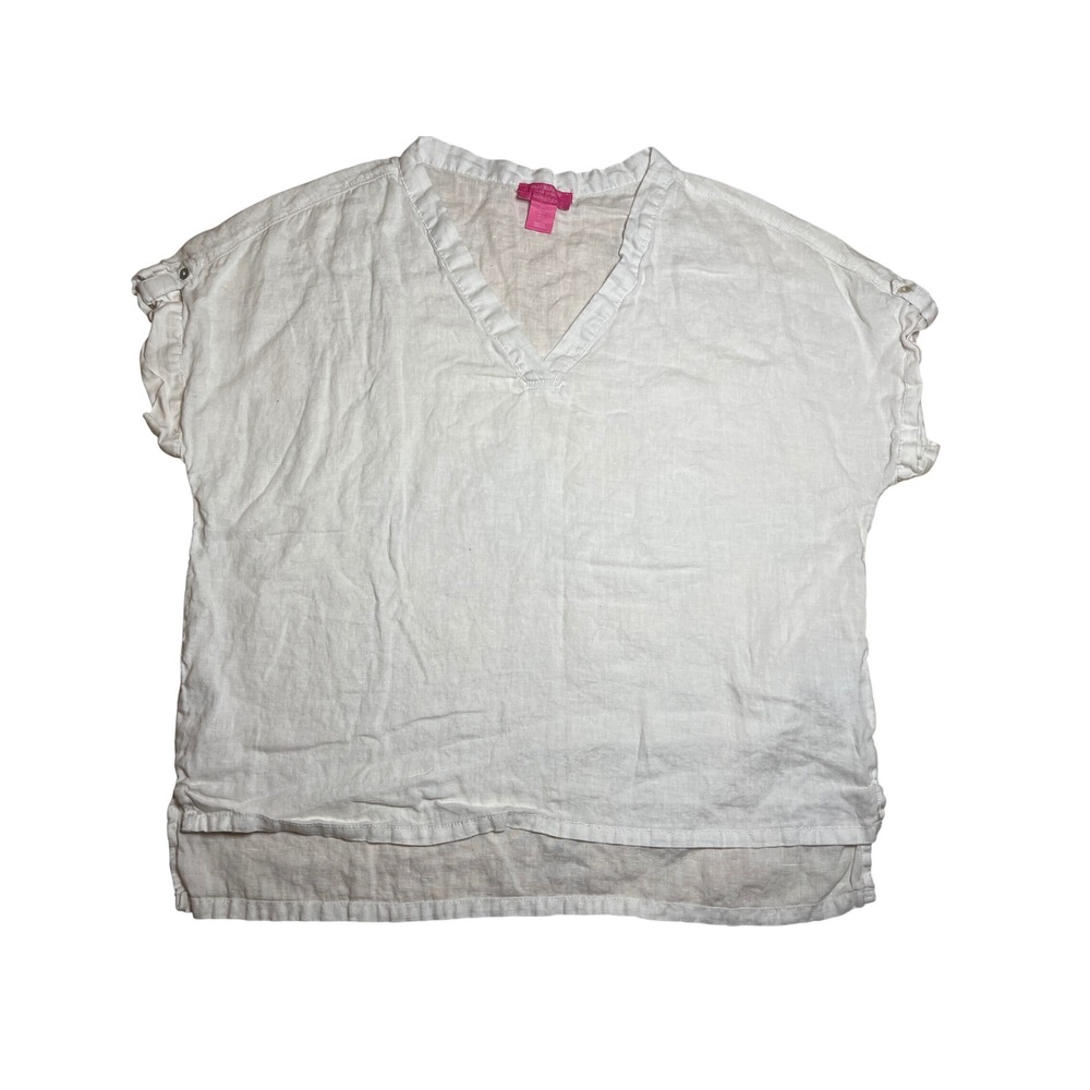 Isaac Mizrahi New York Womens White 100% Linen V-Neck Short Sleeve Blouse Large